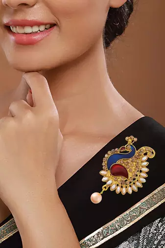 Brass gold plated  pearl cz peacock shaped sareepin brooch