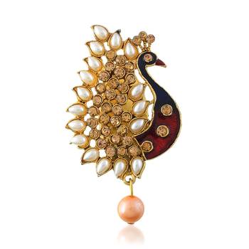 Brass gold plated peacock cz pearl meena saree pin brooch lapel pin 1