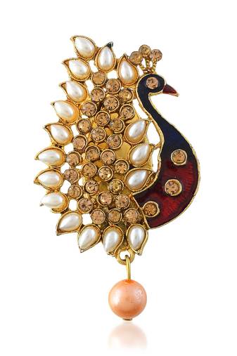 Brass gold plated peacock cz pearl meena saree pin brooch lapel pin