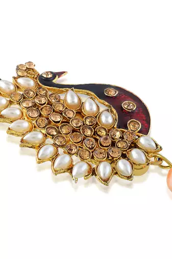 Brass gold plated peacock cz pearl meena saree pin brooch lapel pin