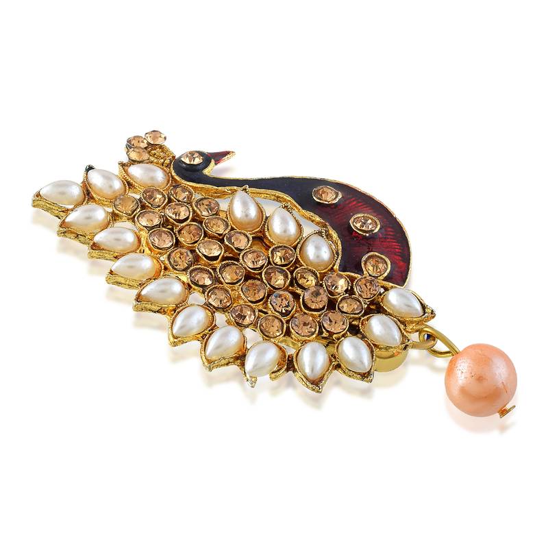 Brass gold plated peacock cz pearl meena saree pin brooch lapel pin