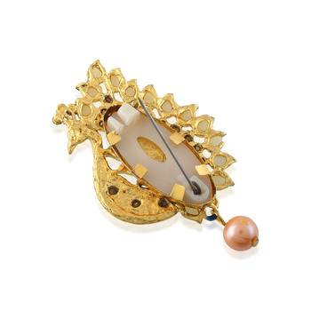Brass gold plated peacock cz pearl meena saree pin brooch lapel pin 3