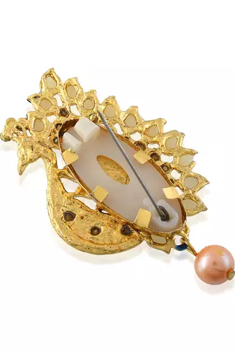 Brass gold plated peacock cz pearl meena saree pin brooch lapel pin