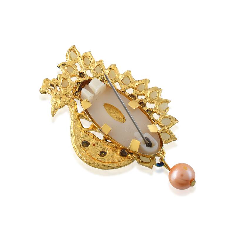 Brass gold plated peacock cz pearl meena saree pin brooch lapel pin
