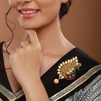 Brass gold plated peacock cz pearl meena saree pin brooch lapel pin 4