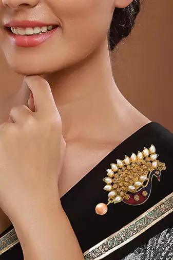 Brass gold plated peacock cz pearl meena saree pin brooch lapel pin