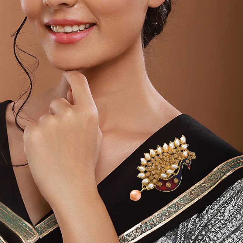 Brass gold plated peacock cz pearl meena saree pin brooch lapel pin