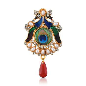 Brass gold pearl cz peacock shaped sareepin brooch lapel pin 1