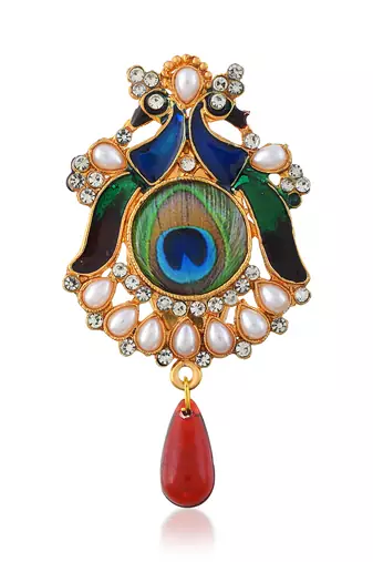Brass gold pearl cz peacock shaped sareepin brooch lapel pin