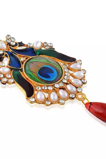 Brass gold pearl cz peacock shaped sareepin brooch lapel pin