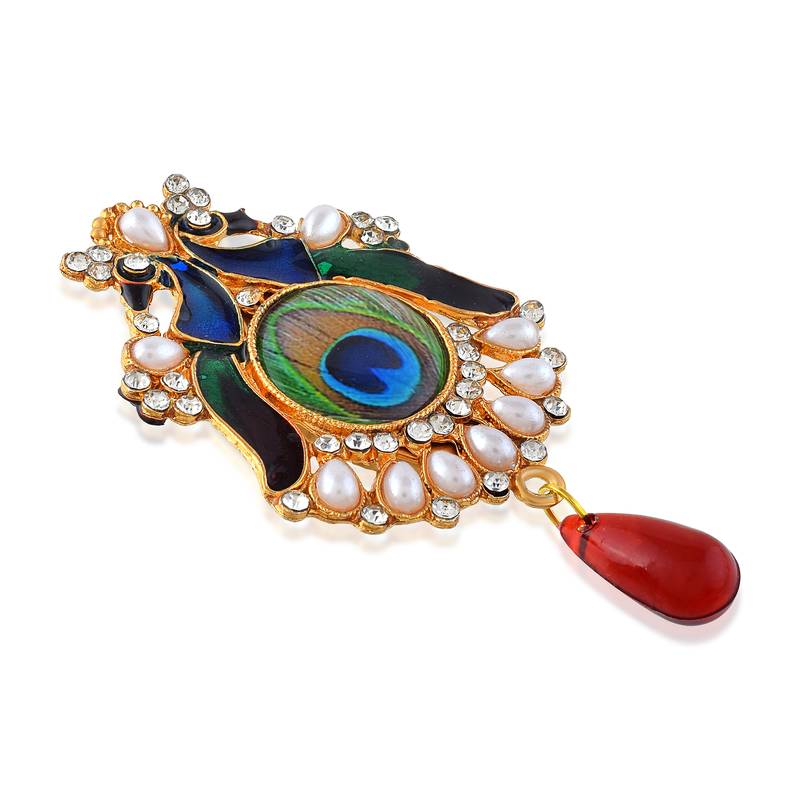 Brass gold pearl cz peacock shaped sareepin brooch lapel pin