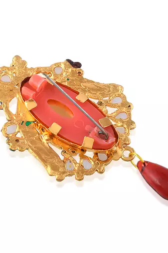 Brass gold pearl cz peacock shaped sareepin brooch lapel pin