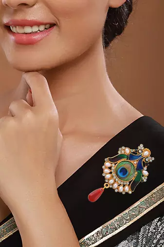 Brass gold pearl cz peacock shaped sareepin brooch lapel pin