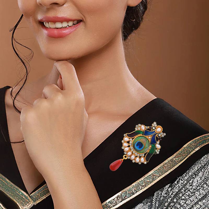 Brass gold pearl cz peacock shaped sareepin brooch lapel pin