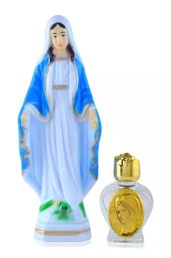 Polyresin mother mary with crystal holy water bottle christian home décor