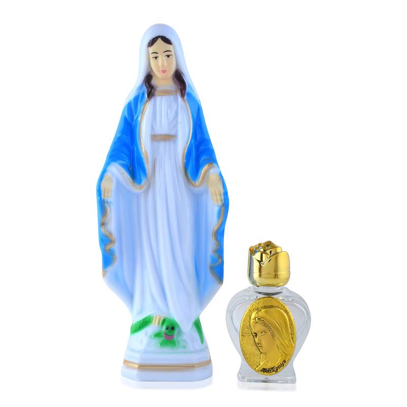 Polyresin mother mary with crystal holy water bottle christian home décor
