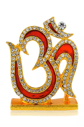 Brass goldplated  cz red meenakari om stand idol fugurine showpiece