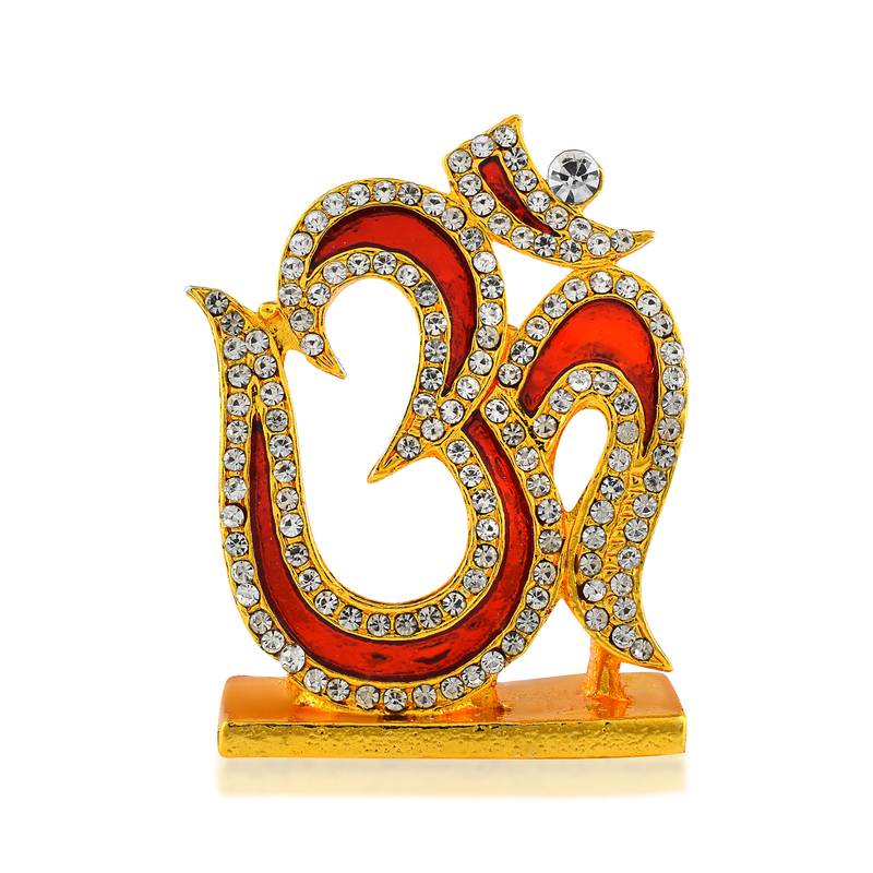 Brass goldplated  cz red meenakari om stand idol fugurine showpiece