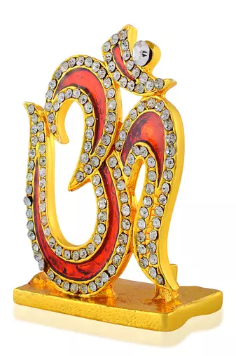 Brass goldplated  cz red meenakari om stand idol fugurine showpiece