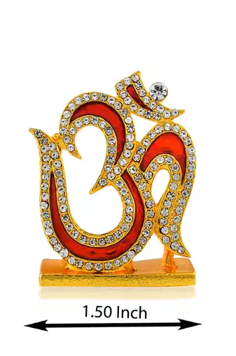Brass goldplated  cz red meenakari om stand idol fugurine showpiece