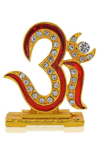 Brass goldplated  cz red meenakari om stand idol fugurine showpiece