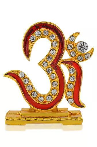 Brass goldplated  cz red meenakari om stand idol fugurine showpiece