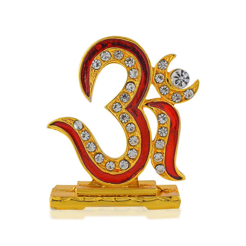 Brass goldplated  cz red meenakari om stand idol fugurine showpiece