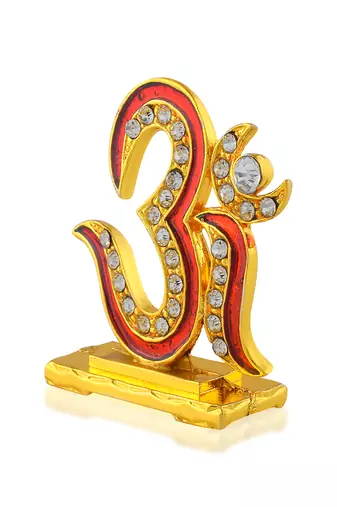 Brass goldplated  cz red meenakari om stand idol fugurine showpiece