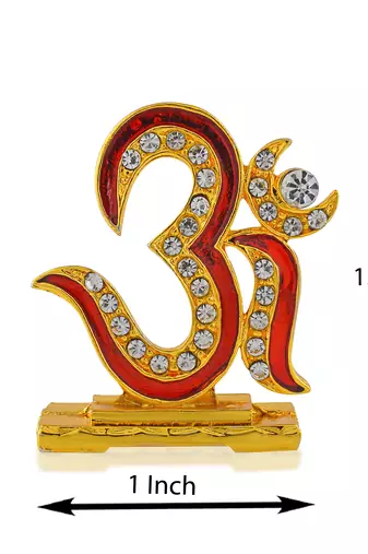 Brass goldplated  cz red meenakari om stand idol fugurine showpiece