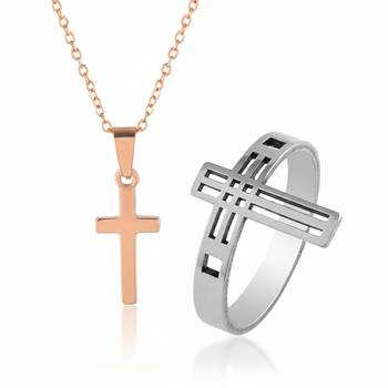 Stainless steel cross finger ring and rose gold plated cross pendant unisex all age 1