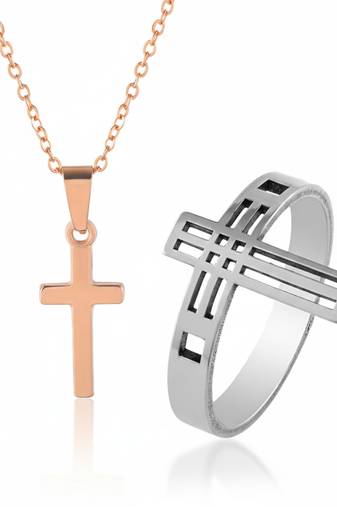 Stainless steel cross finger ring and rose gold plated cross pendant unisex all age