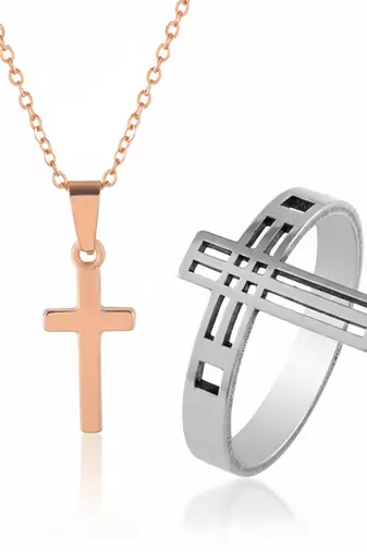 Stainless steel cross finger ring and rose gold plated cross pendant unisex all age