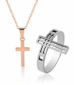 Stainless steel cross finger ring and rose gold plated cross pendant unisex all age