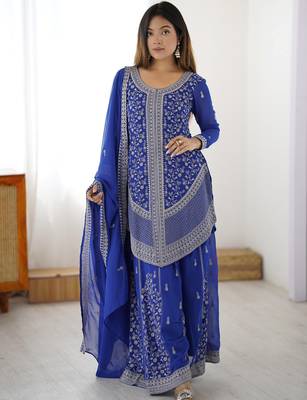 Elegant Blue Sequins Georgette Designer Palazzo Suit With Dupatta 1