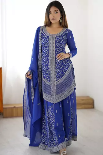 Elegant Blue Sequins Georgette Designer Palazzo Suit With Dupatta