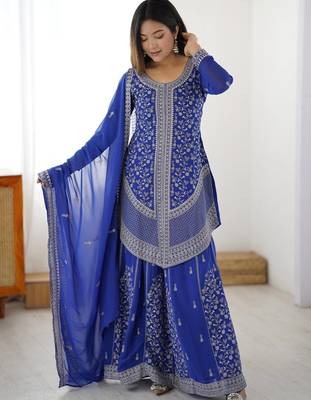 Elegant Blue Sequins Georgette Designer Palazzo Suit With Dupatta 2