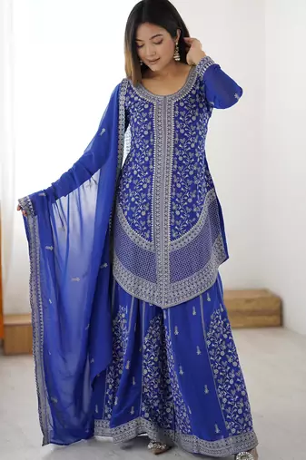 Elegant Blue Sequins Georgette Designer Palazzo Suit With Dupatta