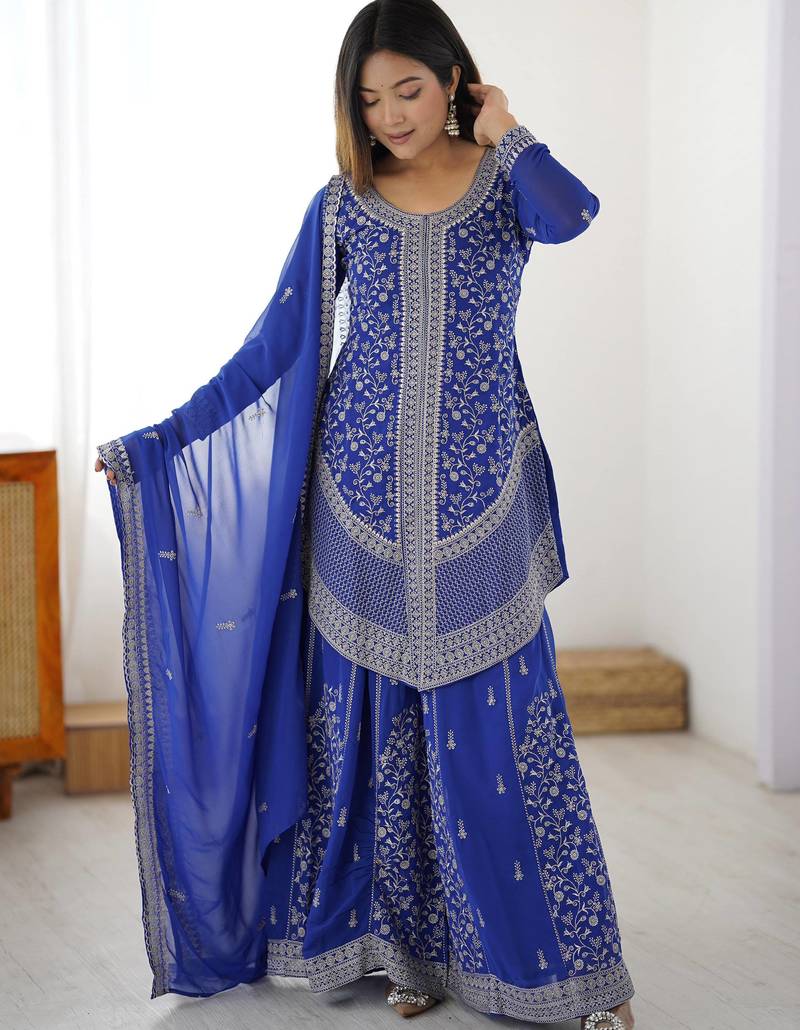 Elegant Blue Sequins Georgette Designer Palazzo Suit With Dupatta