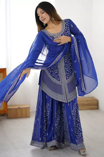 Elegant Blue Sequins Georgette Designer Palazzo Suit With Dupatta