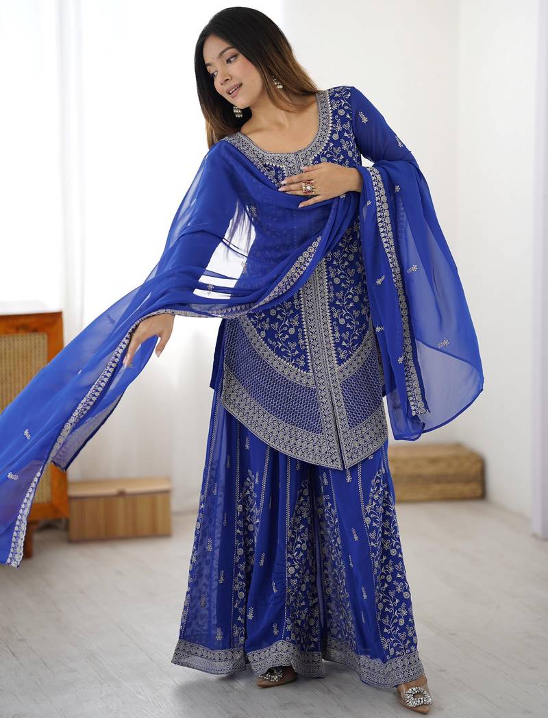 Elegant Blue Sequins Georgette Designer Palazzo Suit With Dupatta