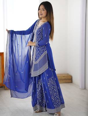 Elegant Blue Sequins Georgette Designer Palazzo Suit With Dupatta 4