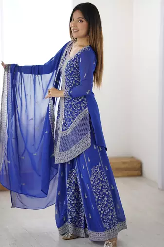 Elegant Blue Sequins Georgette Designer Palazzo Suit With Dupatta