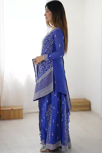Elegant Blue Sequins Georgette Designer Palazzo Suit With Dupatta