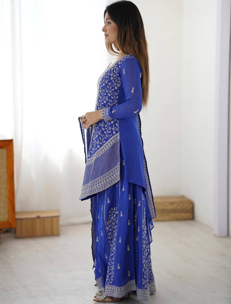 Elegant Blue Sequins Georgette Designer Palazzo Suit With Dupatta