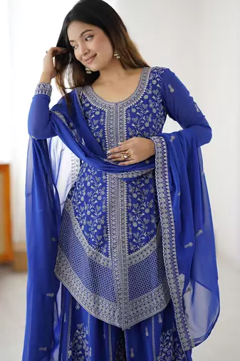 Elegant Blue Sequins Georgette Designer Palazzo Suit With Dupatta