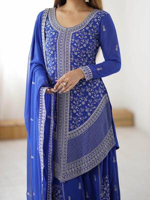 Elegant Blue Sequins Georgette Designer Palazzo Suit With Dupatta 8