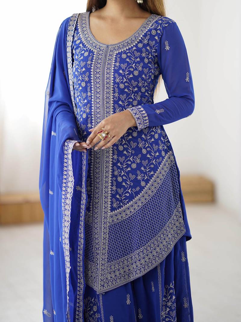 Elegant Blue Sequins Georgette Designer Palazzo Suit With Dupatta