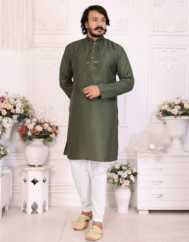 Mehendi silk straight kurta with nack mirror work