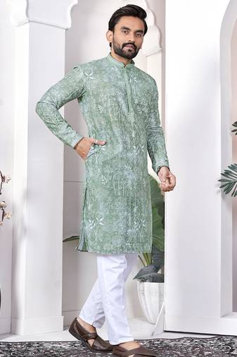 Sea green digital printed work cotton straight kurta