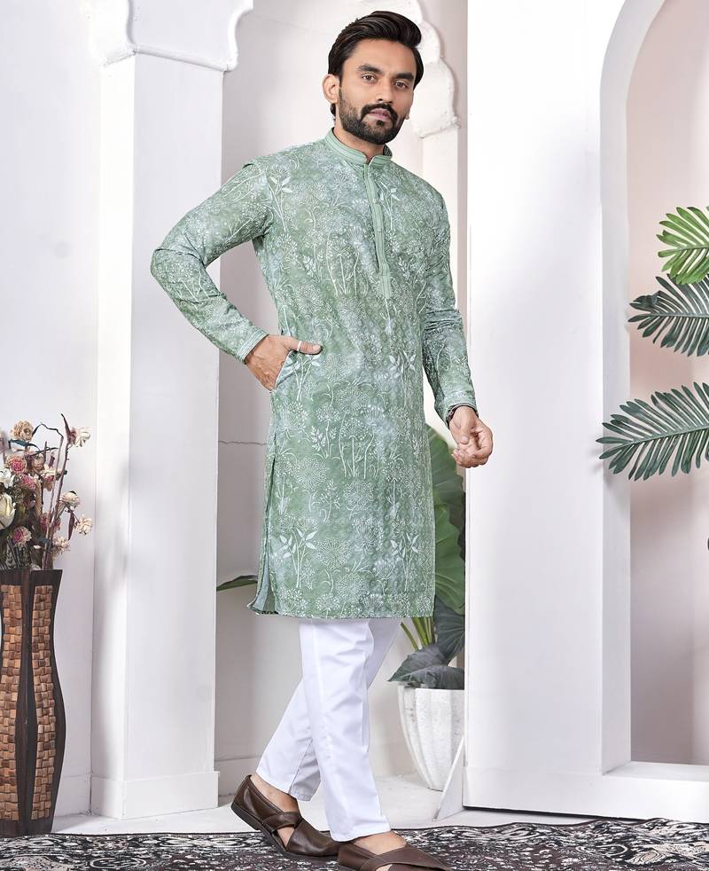Sea green digital printed work cotton straight kurta